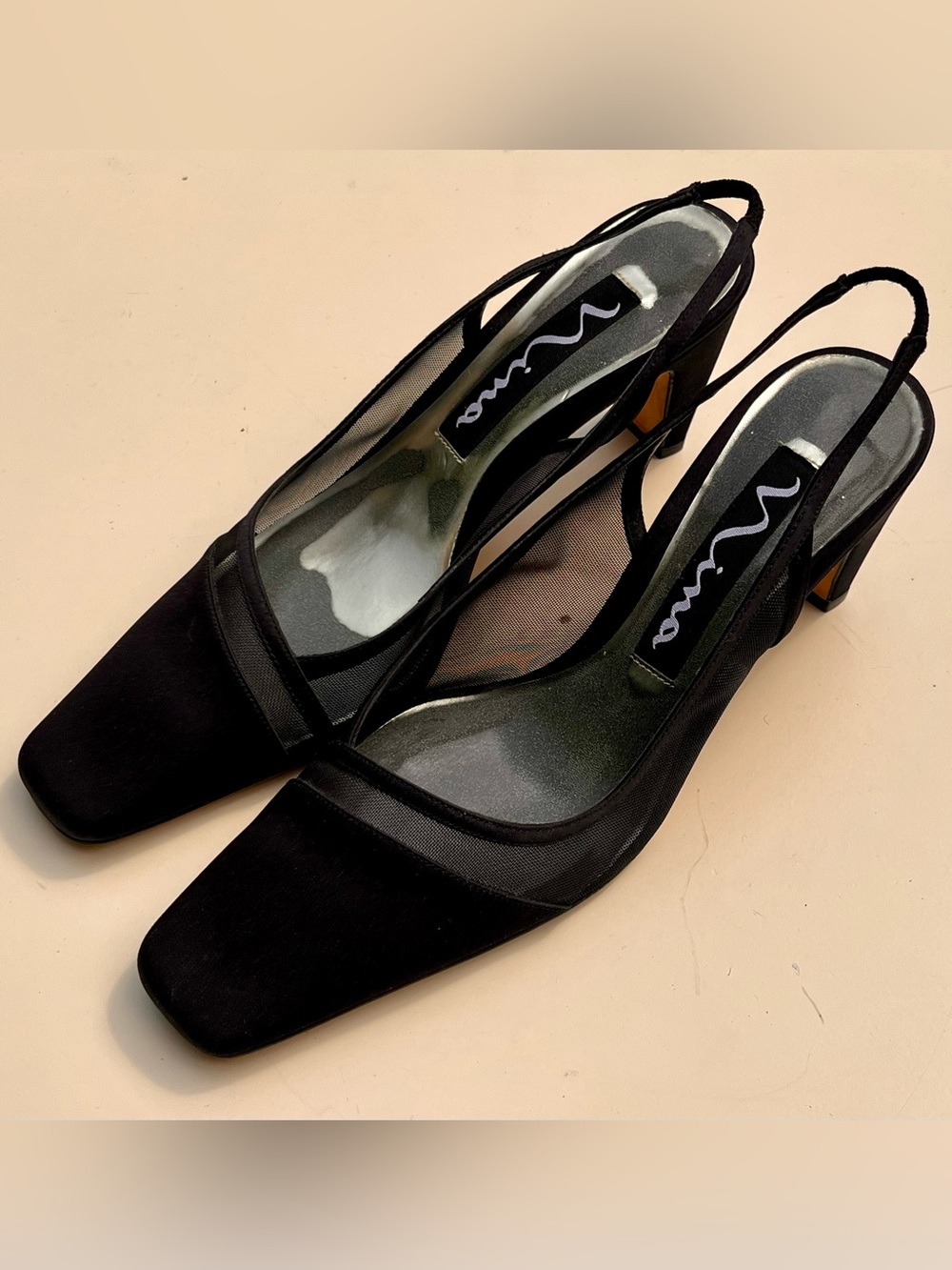 NINA Black Mesh Slingback Square-Toe Heels Leather Sole 8M ~ Worn Once!